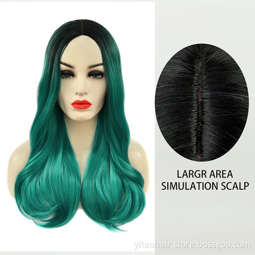 Synthetic Hair Wavy Wig Middle Part Ombre Long Curly Wigs for Women Fashion Green Mixed Blue Colored Cosplay Wig